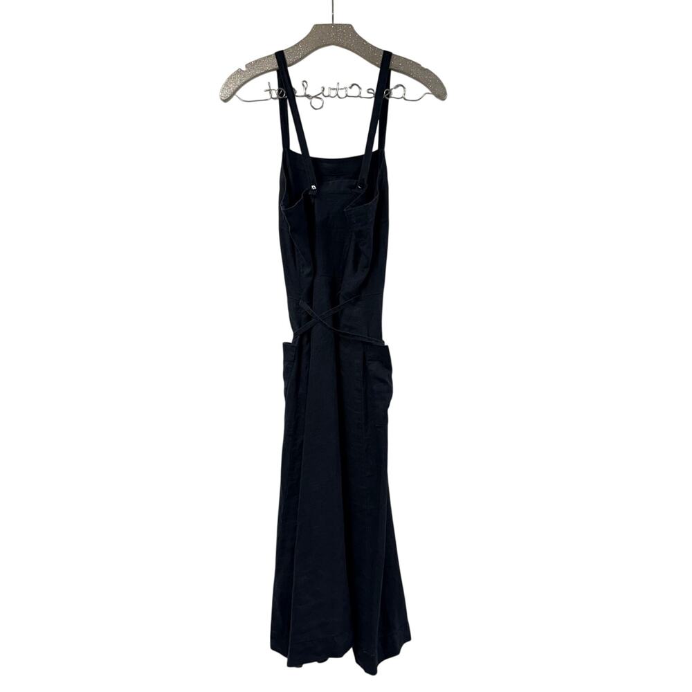 H&M Pule Black 100% Linen Apron Style Dress Tie Waist Deep Pockets Button Strap